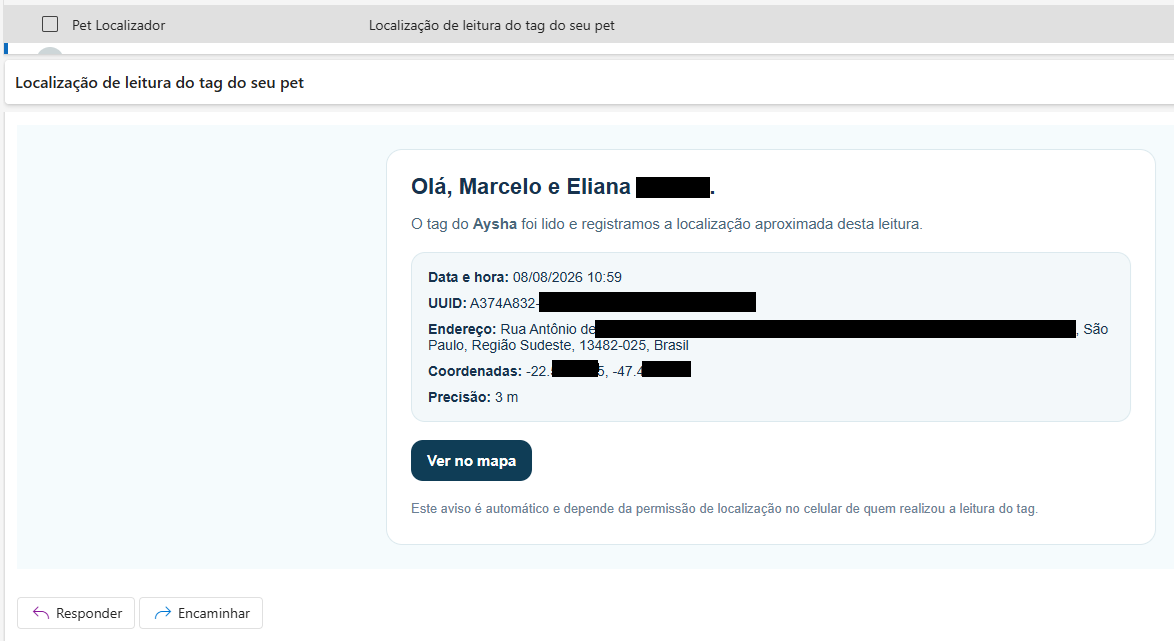 Exemplo do e-mail automático de localização enviado ao dono do pet quando a tag é lida