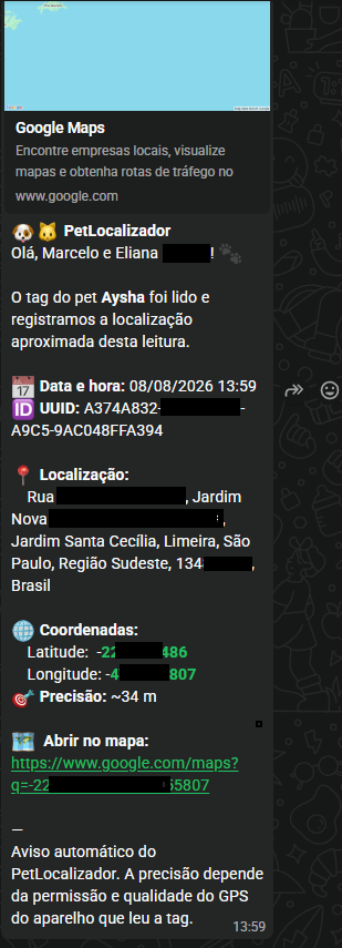 Exemplo da mensagem automática de WhatsApp com localização enviada ao dono e aos contatos marcados no cadastro